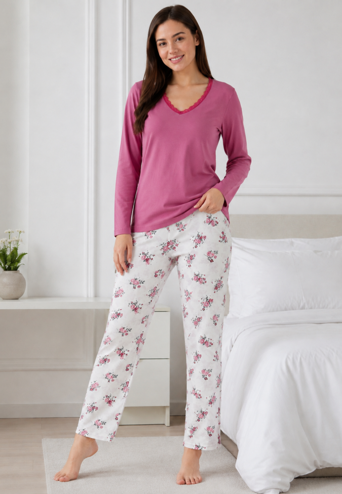 Pijama damă Serena bluză cu maneca lunga și pantaloni - Roz pudra, Engros